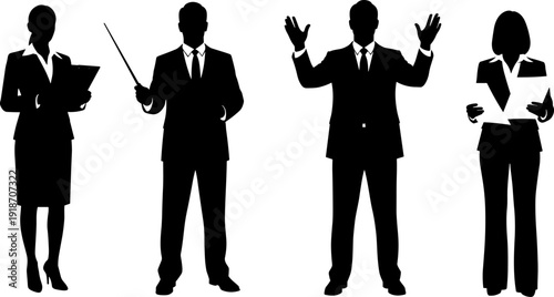 Professional business people silhouettes set featuring male and female entrepreneurs, speakers, and corporate leaders in formal suits for office concepts.
