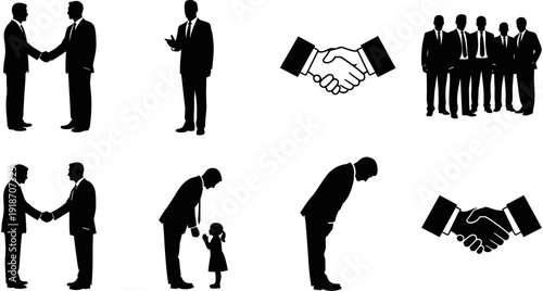 Silhouettes of business people in suits shaking hands, bowing in respect, standing in a group, and a businessman meeting a child.