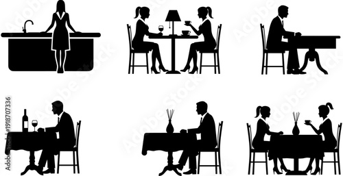 Silhouettes of people dining in a restaurant, couples on dates, friends drinking coffee, and a woman at a bar counter.