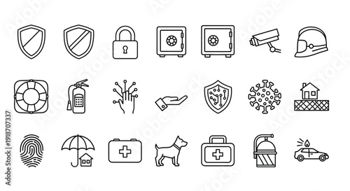 Security and protection icons in a linear style silhouette