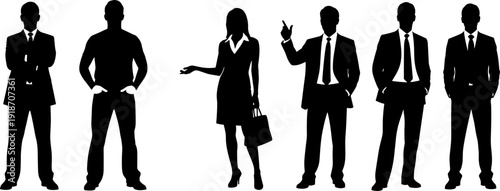 Professional Business People Silhouettes Collection Featuring Men and Women in Suits for Corporate Identity, Career Growth, and Executive Leadership Concepts
