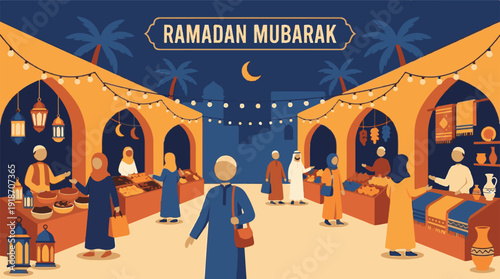 Ramadan Mubarak Festive Night Market with People Shopping and Celebrating