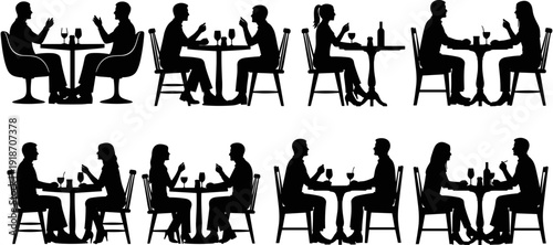 Restaurant Silhouettes of Couples and People Dining, Drinking Wine, and Having Conversations at Tables for Romantic Dates or Social Gatherings