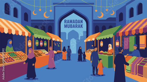 Ramadan Mubarak Market Scene with People and Festive Decorations