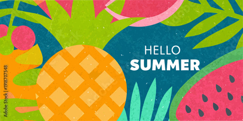 A vibrant summer illustration featuring tropical fruits and a welcoming message