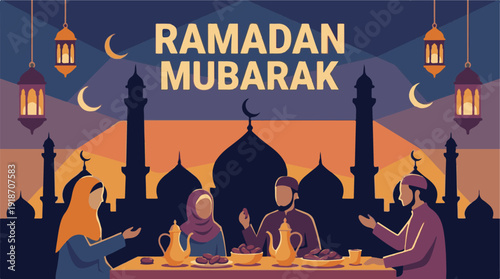 Ramadan Mubarak greeting card with Muslim family Iftar dinner