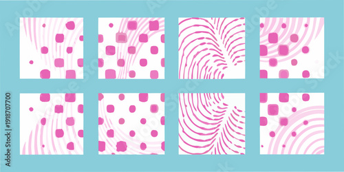Abstract pink patterns arranged in a grid of eight squares