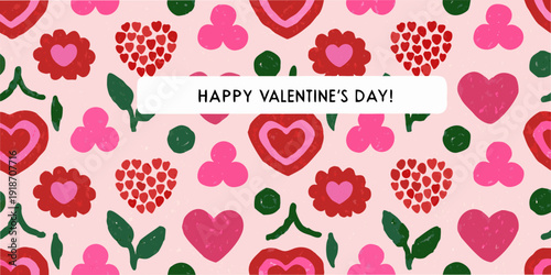 A playful pattern of pink and red hearts and strawberries with valentine s message