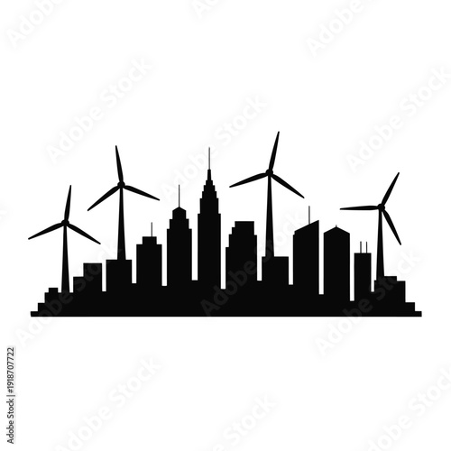 City skyline silhouette with wind turbines symbolizes clean energy integration.
