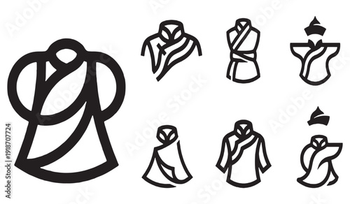 Collection of stylized icons representing traditional clothing and cultural attire from various regions, depicted in a minimalist black and white line art style.
