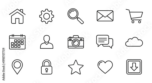 Collection of simple line icons representing common digital concepts silhouette