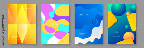 Professional bundle of four abstract poster templates featuring geometric shapes fluid waves and vibrant gradient colors for creative branding projects