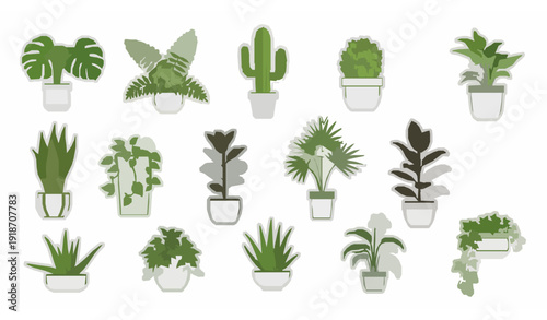 Flat sticker style potted plant vector set with modern indoor houseplants botanical greenery in flower pots isolated on transparent background