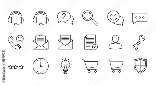 Collection of linear support and service icons black outline silhouette