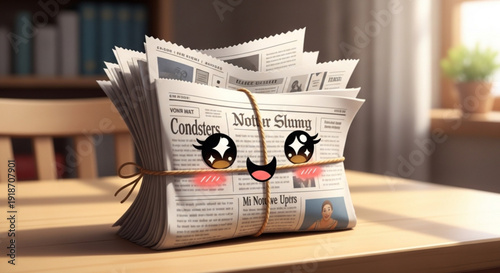 Cartoon Newspapers with Funny Face on Wooden Table