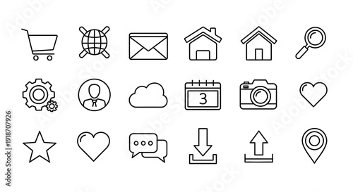 Collection of simple linear icons representing various concepts silhouette