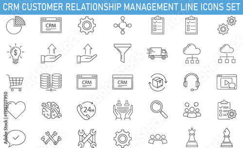 CRM customer relationship management line icons set, business analytics cloud service support logistics outline vector collection