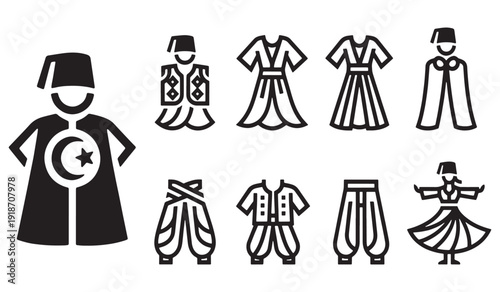 Collection of Islamic traditional clothing and cultural symbols, including a man in a fez and crescent moon emblem, various garments, and a whirling dervish.