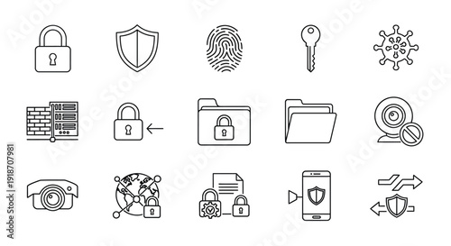 Security and privacy icons locks shields and data protection silhouette