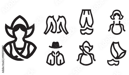 Collection of simple line art icons representing traditional Dutch clothing and figures.