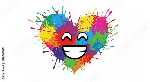 Colorful Heart with Smiling Face Painted with Vibrant Colors on White Background