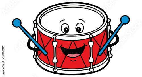 Smiling Cartoon Drum with Drumsticks Isolated on White