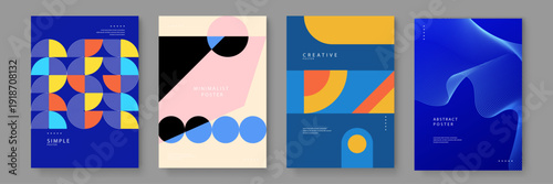A premium collection of four modern posters featuring Swiss design principles with bold geometric shapes and vibrant color palettes