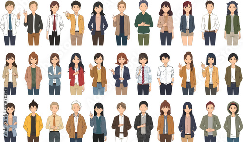 Collection of diverse cartoon style business people and office workers standing in rows displaying various casual professional and smart casual clothing choices