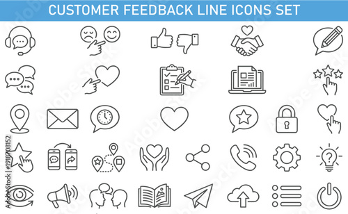 Customer Feedback Line Icons Set, User Review Rating Communication Support Social Media Interface Vector Collection