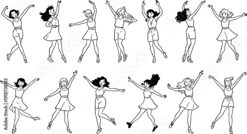 Collection of diverse young women illustrating various energetic dance poses and joyful movements in a repeated artistic black and white line drawing pattern suitable for creative projects.