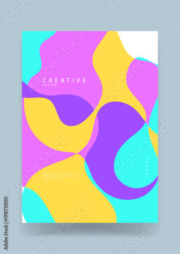 A dynamic creative poster featuring flowing organic liquid shapes in high-contrast purple yellow and turquoise colors