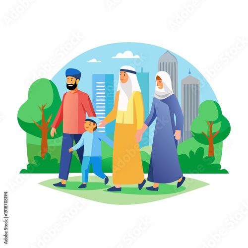 A Muslim family, dressed in traditional attire, walks together in a modern city park.