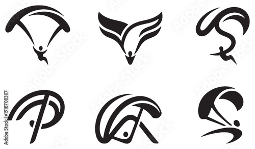 Collection of abstract vector icons representing paragliding and extreme sports.
