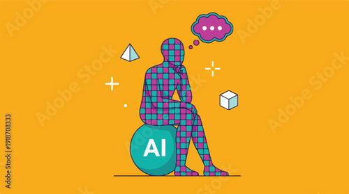 Abstract illustration of AI contemplating with human figure and shapes