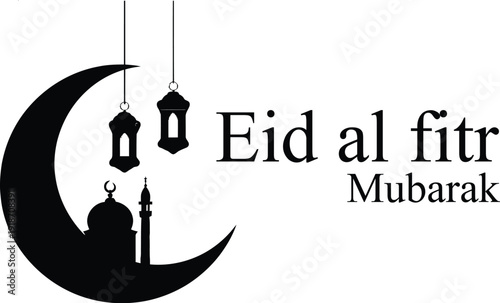 Minimalist black and white graphic design featuring an Islamic crescent moon silhouette, hanging lanterns, and mosque elements wishing everyone Eid al fitr mubarak celebration greetings.