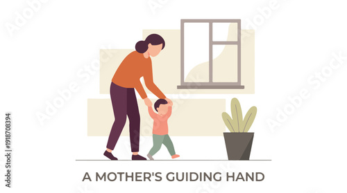 Mother helping toddler take first steps indoors, family bonding illustration