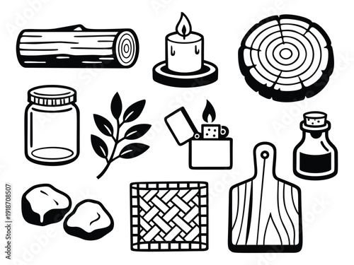 Hand drawn line art outdoor elements set featuring a log, candle, tree stump, jar, branch, lighter, stones, mat, cutting board, and bottle for camping and survival activities