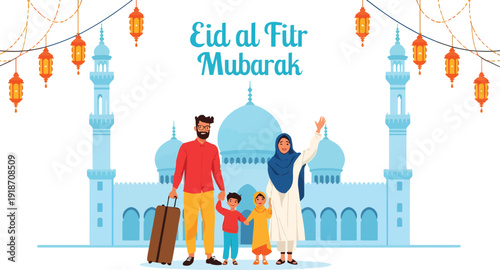 Happy Muslim family dressed casually with luggage prepares for holiday travel celebrating Eid al Fitr Mubarak with a grand mosque illustration in the background design.