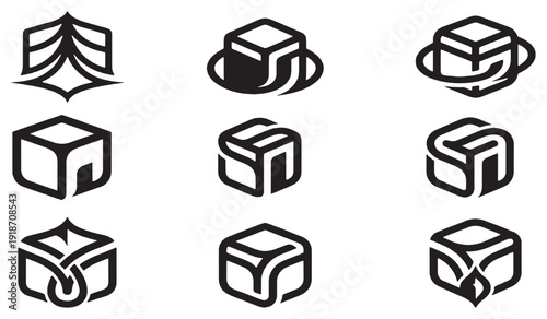 Set of abstract geometric logos and icons, including cubes and stylized shapes, in a minimalist black and white design.