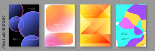 Collection of four distinct graphic posters featuring futuristic glassmorphism and vibrant organic shapes