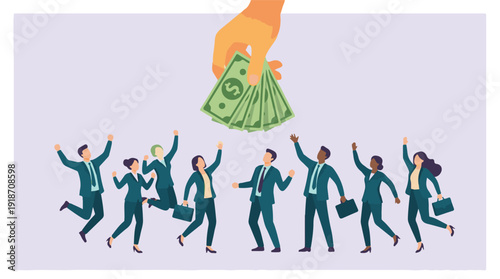 Business team celebrating financial reward from hand dropping money.