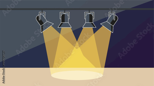 Four bright spotlights illuminating a stage with golden light beams