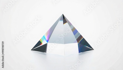 Transparent glass pyramid refracting light into colorful spectrum, abstract geometric shape on a bright white studio background, optical effect and prism science concept
