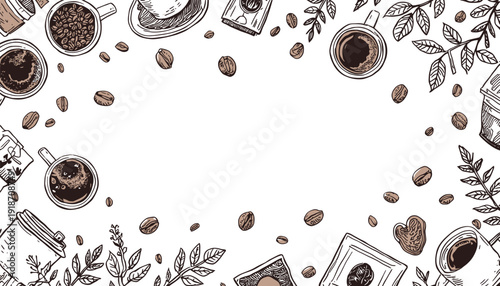 Hand drawn coffee elements including cups beans leaves and packaging form a beautiful vintage style frame design ideal for menu backgrounds or cafe branding needs.
