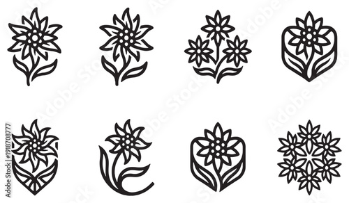 Tableau sur toile Collection of stylized edelweiss flower icons in black and white, representing nature and alpine symbols
