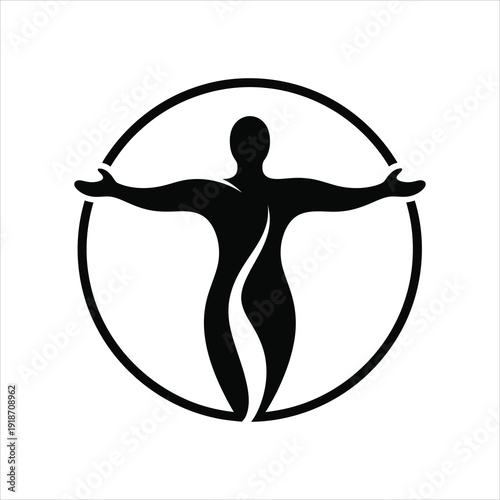 Black human figure with arms outstretched inside a circle silhouette white