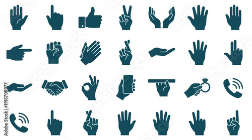 Set of human hand gestures, communication and interaction icons