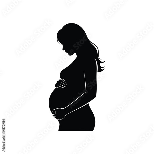 Silhouette of pregnant woman holding belly with flowing hair vector
