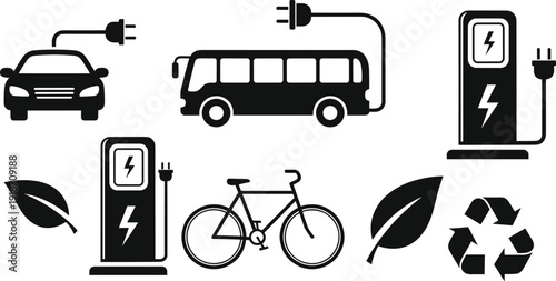 Electric vehicle charging icons set, eco transportation concept, electric car, bus and bicycle, sustainable mobility, green energy technology, EV charging station, environmental sustainability