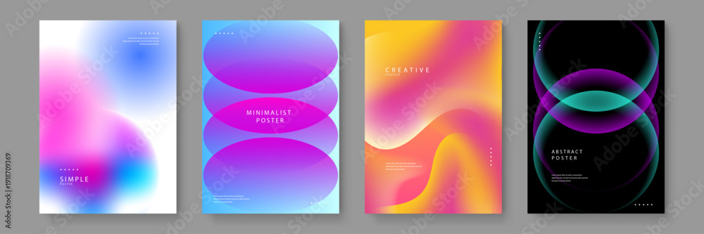Fototapeta premium Set of four aesthetic posters featuring colorful mesh gradients and organic liquid shapes in pink blue and yellow hues